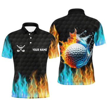 Herren Golf Polo-Shirt nach Maß - Schwarz mit Feuer- und Wasser-Golfball-Design - Perfektes Golf-Geschenk N7226
