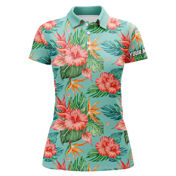 Damen Golf Polo Shirts mit personalisiertem Namen - Stilvolle Poloshirts im grünen Hibiskus-Blütenmuster N7130