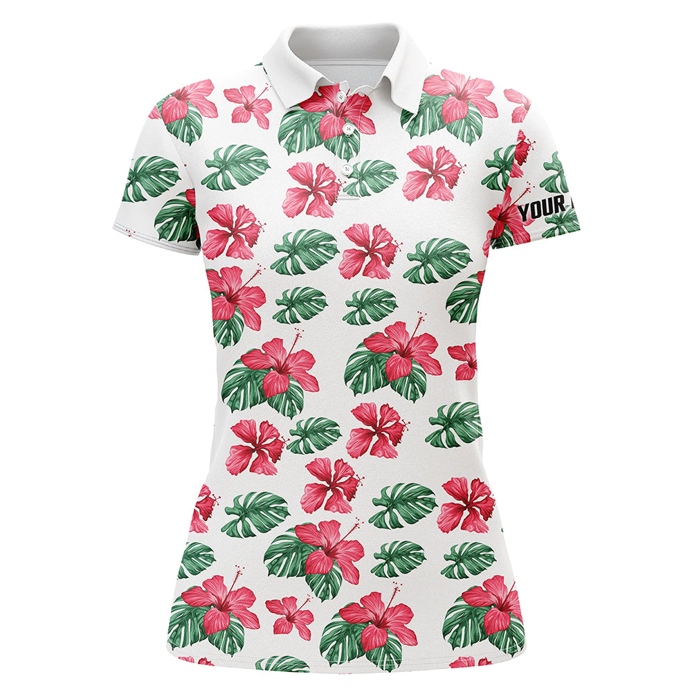 Damen Polo-Shirt mit personalisiertem Namen - Grünes tropisches Hibiskus-Muster für Golf-Enthusiastinnen N7131