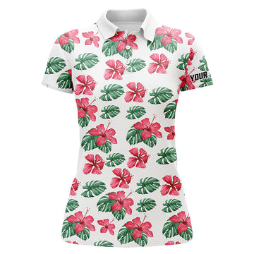 Damen Polo-Shirt mit personalisiertem Namen - Grünes tropisches Hibiskus-Muster für Golf-Enthusiastinnen N7131