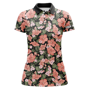 Damen Golf Polo-Shirt mit personalisiertem pinkfarbenem Hibiskus-Motiv – Stylisches schwarzes Design für Golferinnen N7132