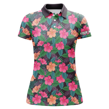 Personalisierte Damen Golf Poloshirts mit lebhaftem Hibiskus-Muster – Tropische Golfoberteile für Frauen N7133