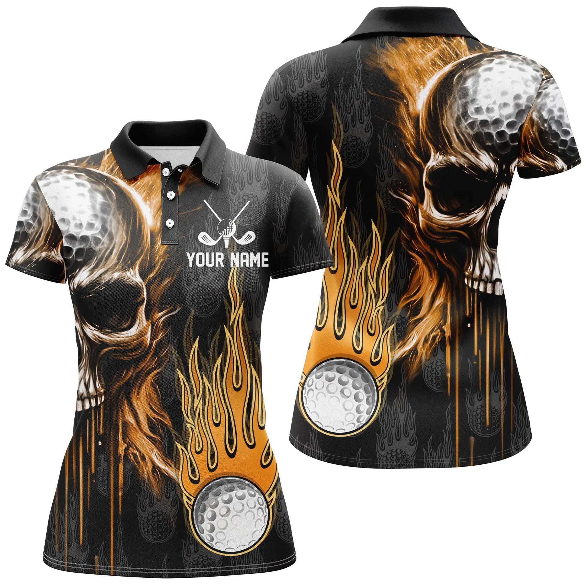 Personalisierbares Damen Golf Polo mit Totenkopf - Schwarzes Golfshirt mit feurigen Akzenten N7140