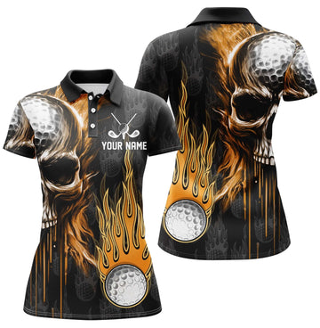 Personalisierbares Damen Golf Polo mit Totenkopf - Schwarzes Golfshirt mit feurigen Akzenten N7140