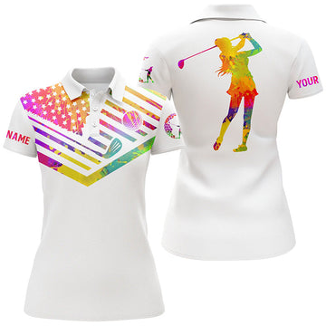 Damen Golf-Polo mit amerikanischer Flagge in Aquarell-Design und individuellem Namen N3446