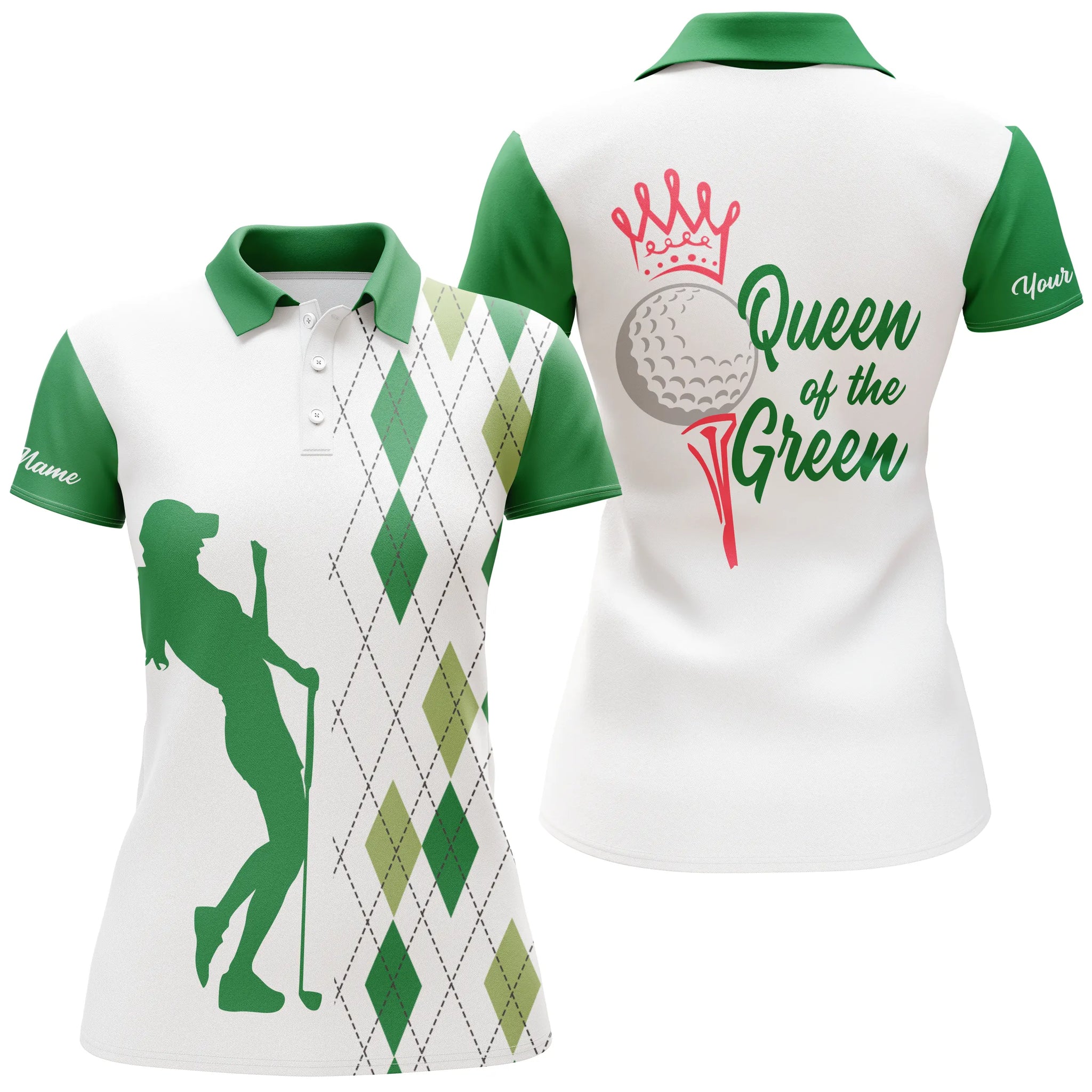 Elegantes Damen-Golf-Polo-Shirt – Queen of the Green mit individuellem Argyle-Muster in Weiß und Grün N4894