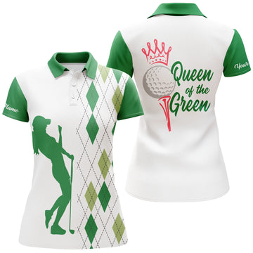 Elegantes Damen-Golf-Polo-Shirt – Queen of the Green mit individuellem Argyle-Muster in Weiß und Grün N4894