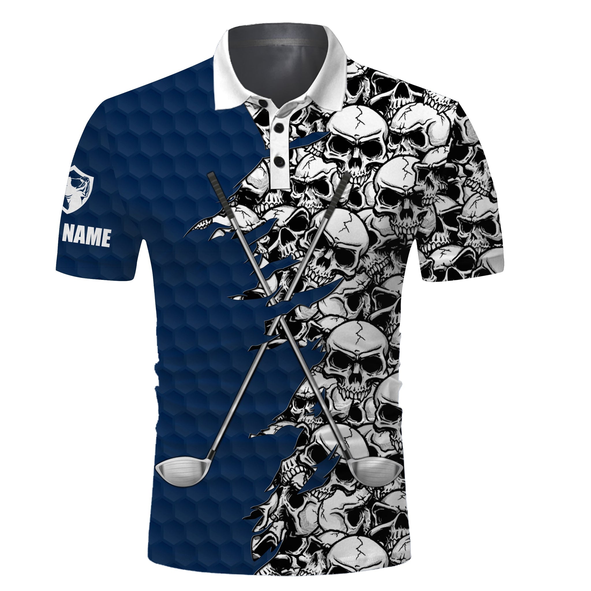 Herren Golf Polo mit individuellem Namen – Langarmshirt mit blauem Muster und Totenkopf-Design N3460