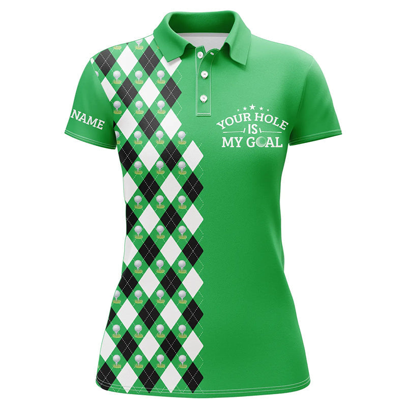 Frauen Golf Polo Shirt mit grünem Rautenmuster - Individuell gestaltbar mit „Dein Loch ist mein Ziel“ - Das ideale Geschenk für Golfspielerinnen N7461