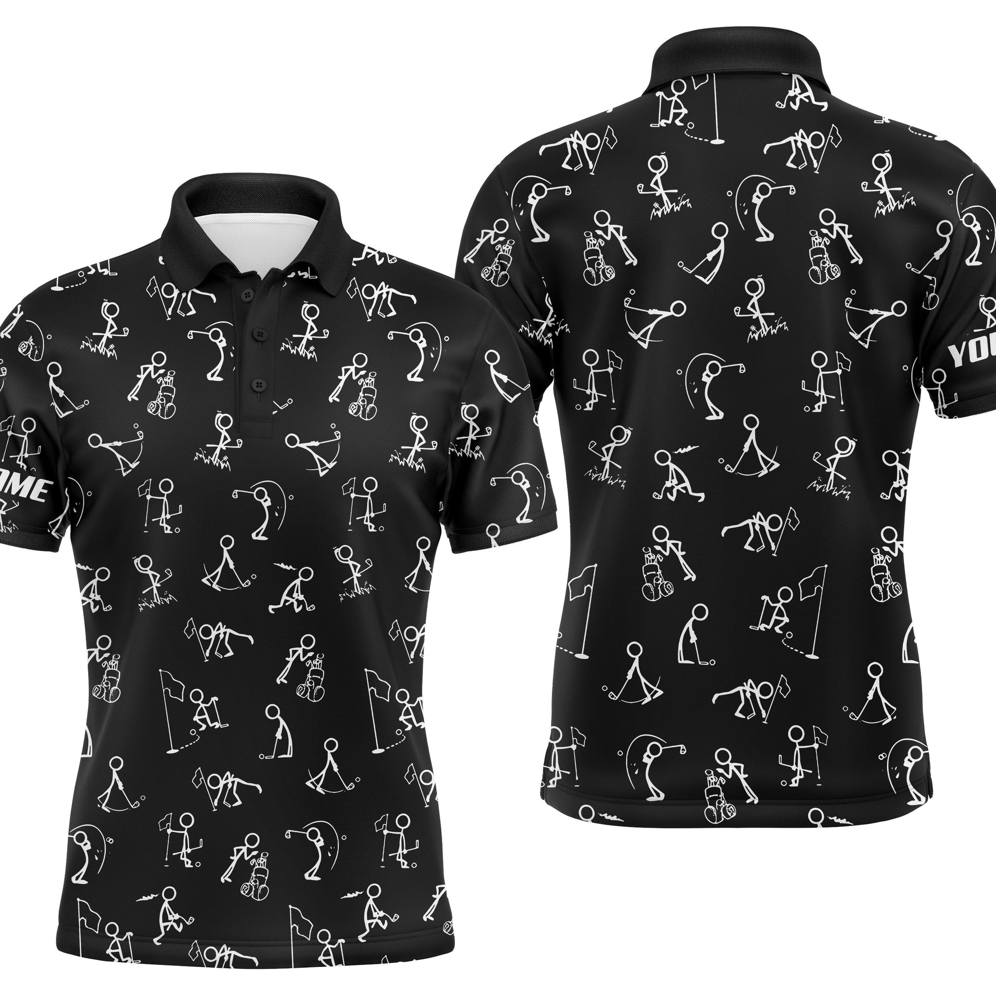 Personalisierte Herren Golf Poloshirt mit UPF-Schutz und witzigem Golf-Muster in Schwarz N4128
