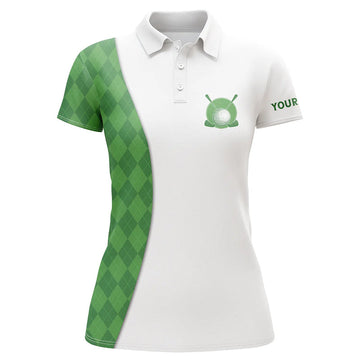 Personalisierte Damen-Golfpoloshirt mit grünem Argyle-Muster – Elegantes weißes Golfoberteil N7291