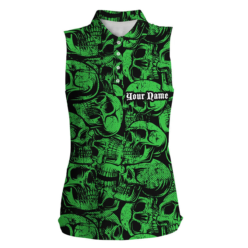 Grüne Skull-Camouflage Damen-Poloshirt ohne Ärmel – Individuelles, cooles Golfshirt für Damen, das beste Golfgeschenk N8959