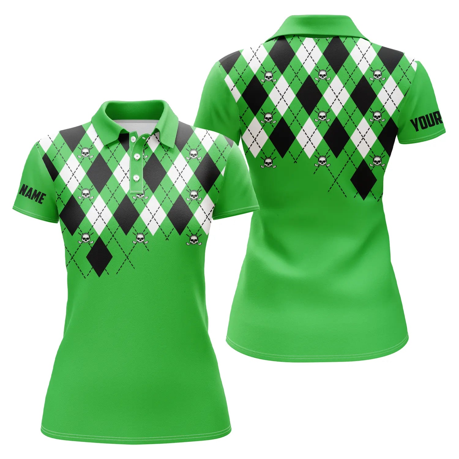 Damen Golf Polo-Shirt in Übergrößen mit grünem Rautenmuster und individuellem Totenkopf-Design N4966