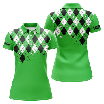 Damen Golf Polo-Shirt in Übergrößen mit grünem Rautenmuster und individuellem Totenkopf-Design N4966