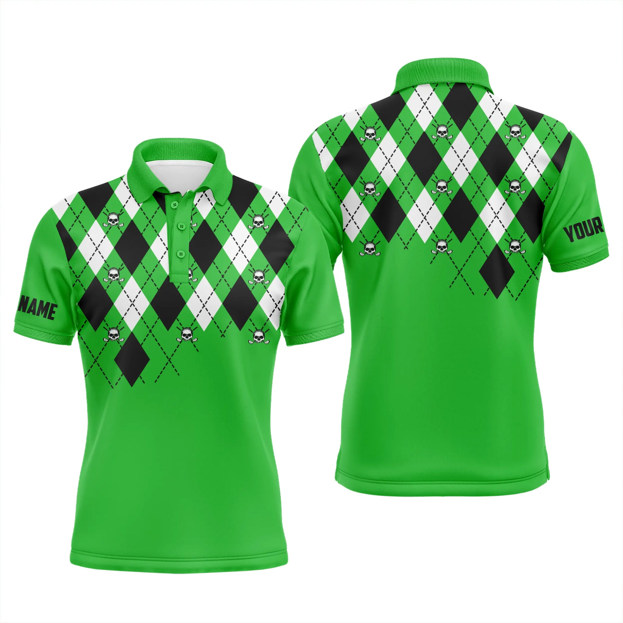 Herren Poloshirt in Übergröße mit grüner Argyle-Musterung und individuellem Namen - Golfoberteil mit Totenkopf-Design N4966