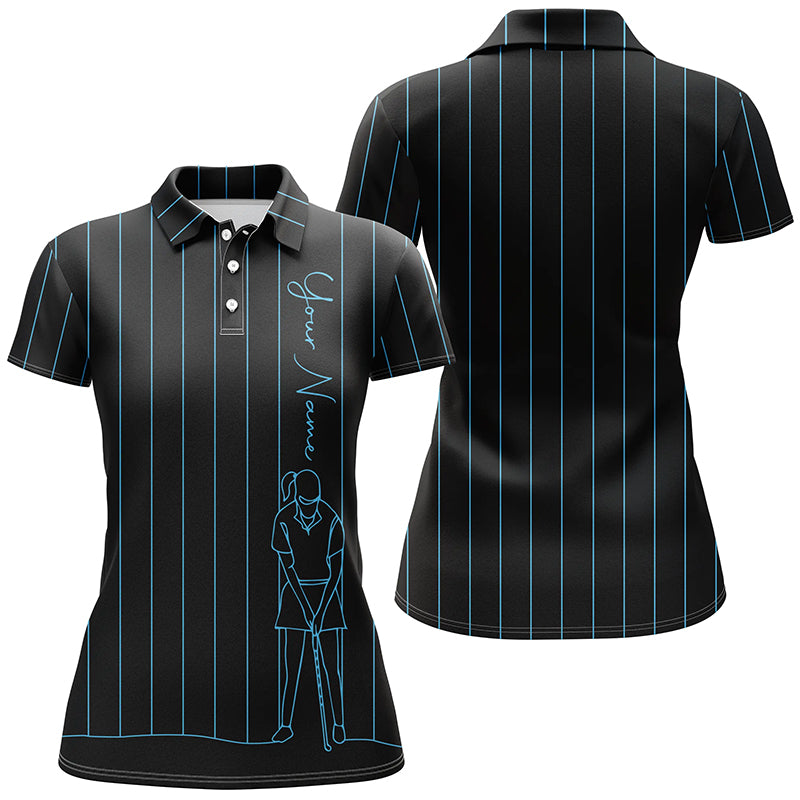 Personalisierte Damen Golf Polo Shirt mit blauen Streifen - Individuelles Golfoberteil für Frauen N7308