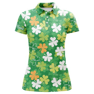 Personalisierbares Damen Golf-Polo mit grünem Kleeblatt-Muster für den St. Patrick's Day N4749