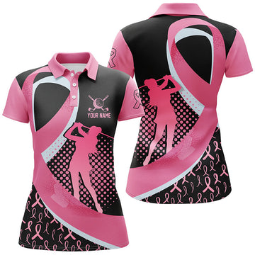 Personalisierbares Damen Golf Poloshirt zur Unterstützung der Brustkrebsvorsorge - Mit pinkem Band Design N7165