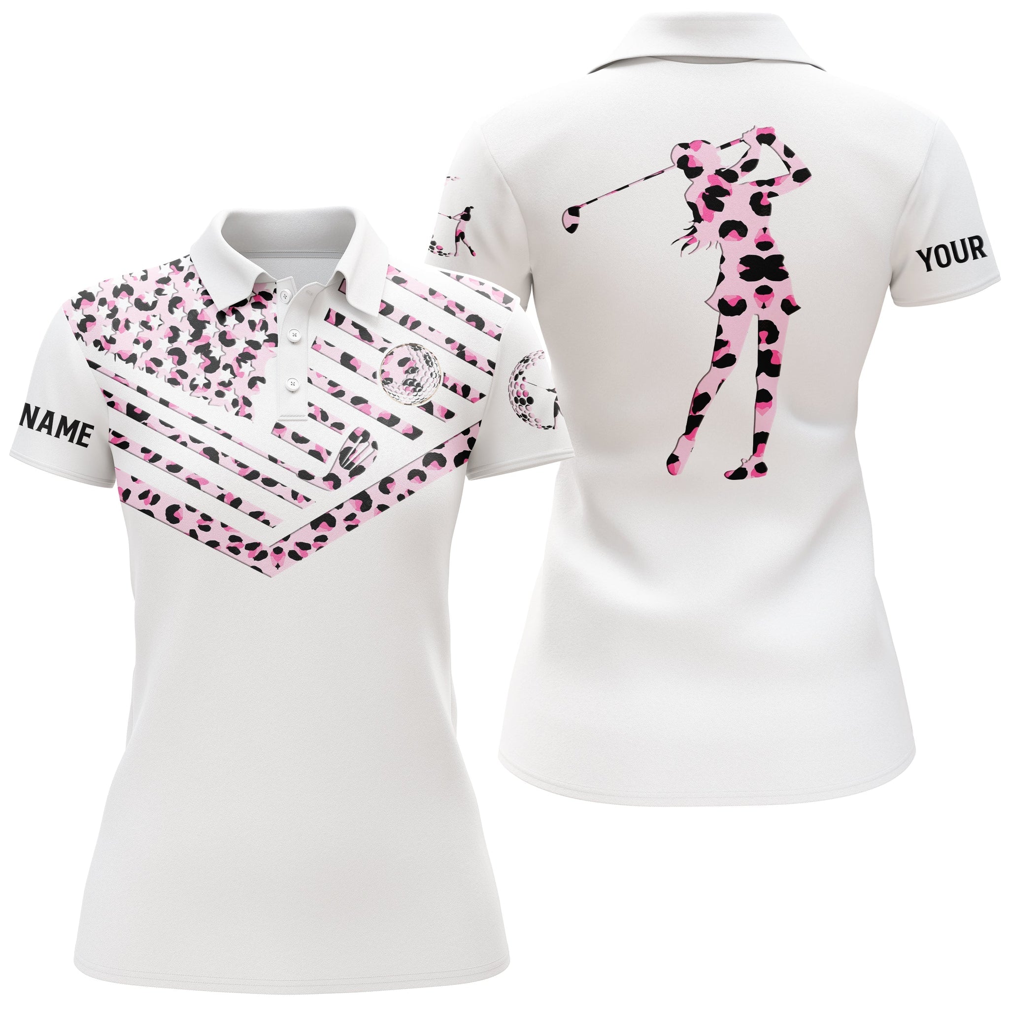 Damen Golf-Polo in Pink mit Leopardenmuster und personalisiertem Namen – USA-Flagge Design N3636