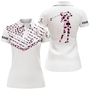 Damen Golf-Polo in Pink mit Leopardenmuster und personalisiertem Namen – USA-Flagge Design N3636