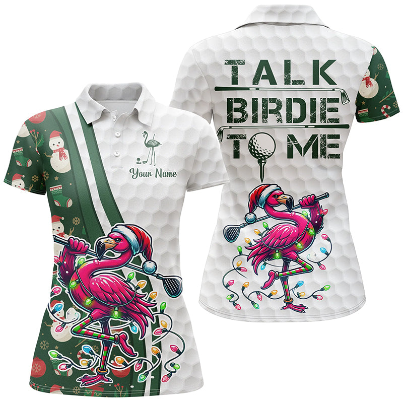Lustiges Damen Golf-Polo-Shirt mit individuellem pinken Flamingo – Grünes Weihnachts-Golfshirt „Sprich mit mir, Birdie!“ N8991