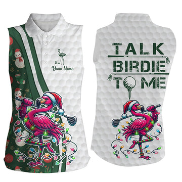 Lustige ärmellose Poloshirts für Damen – Individuelle pinke Flamingo-Weihnachts-Golfshirts mit „Sprich mit mir, Birdie“ Design N8991