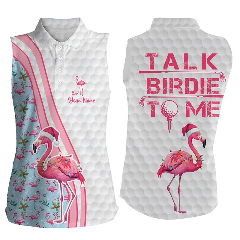 Lustige Damen ärmellose Poloshirts mit individuellem pinken Flamingo – Blaue Weihnachts-Golfshirts „Sprich mit mir, Birdie“ N8992