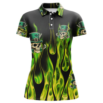 Frauen Golf Poloshirt mit grünem Kleeblatt-Schädelmotiv für den St. Patrick's Day - Individuelle grüne Golfbekleidung N7055