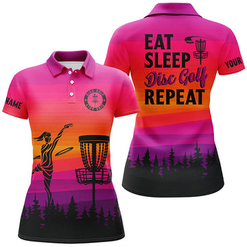 Gradientmuster Damen Disc Golf Poloshirts – Individuell Gestaltet: Essen, Schlafen, Disc Golf, Wiederholen – Frisbee Golf Trikots N8999