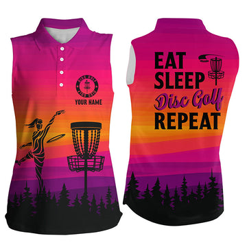 Gradient-Muster Damen Disc Golf Ärmelloses Polo-Shirt – Individuell gestaltete „Essen, Schlafen, Disc Golf, Wiederholen“ Trikots N8999