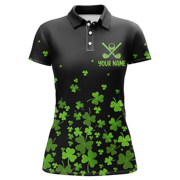 Personalisierte Damen Golf Polo mit schwarzem Muster – Grünes Kleeblatt für den St. Patrick's Day N7183