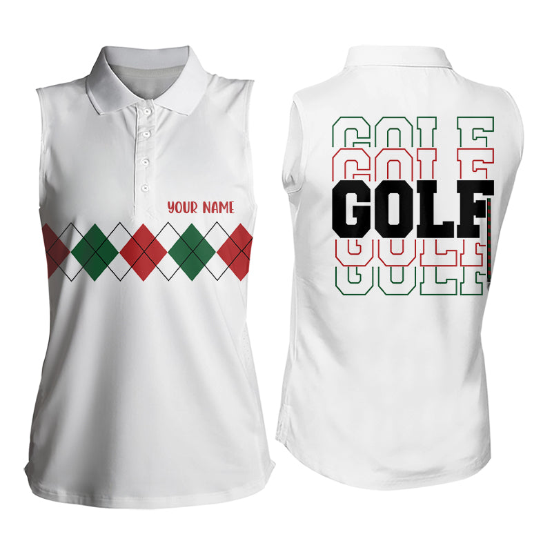 Damen Polo-Shirt ohne Ärmel mit grünem, rotem und weißem Weihnachts-Argyle-Muster – Individuelle Golf-Shirts für Frauen N9022