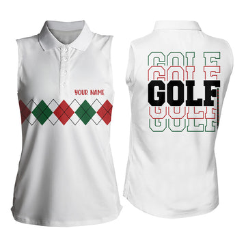 Damen Polo-Shirt ohne Ärmel mit grünem, rotem und weißem Weihnachts-Argyle-Muster – Individuelle Golf-Shirts für Frauen N9022
