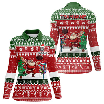 Lustiges Weihnachts-Santa Damen Discgolf Poloshirt mit individuellem Teamnamen – Frisbee Golf Trikot für die Festtage N9028
