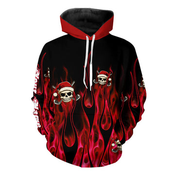 Schwarze und Rote Flammen Golf-Hoodies – Individuelle Weihnachtsbekleidung mit rotem Feuer-Santa-Skull N9041