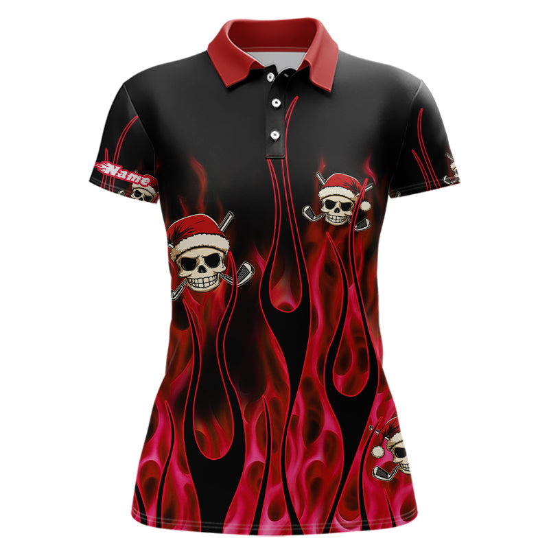 Schwarzes und rotes Flammen Damen Golf Polo-Shirt - Individuelles Weihnachtsdesign mit Feuer-Santa und Totenkopf N9041