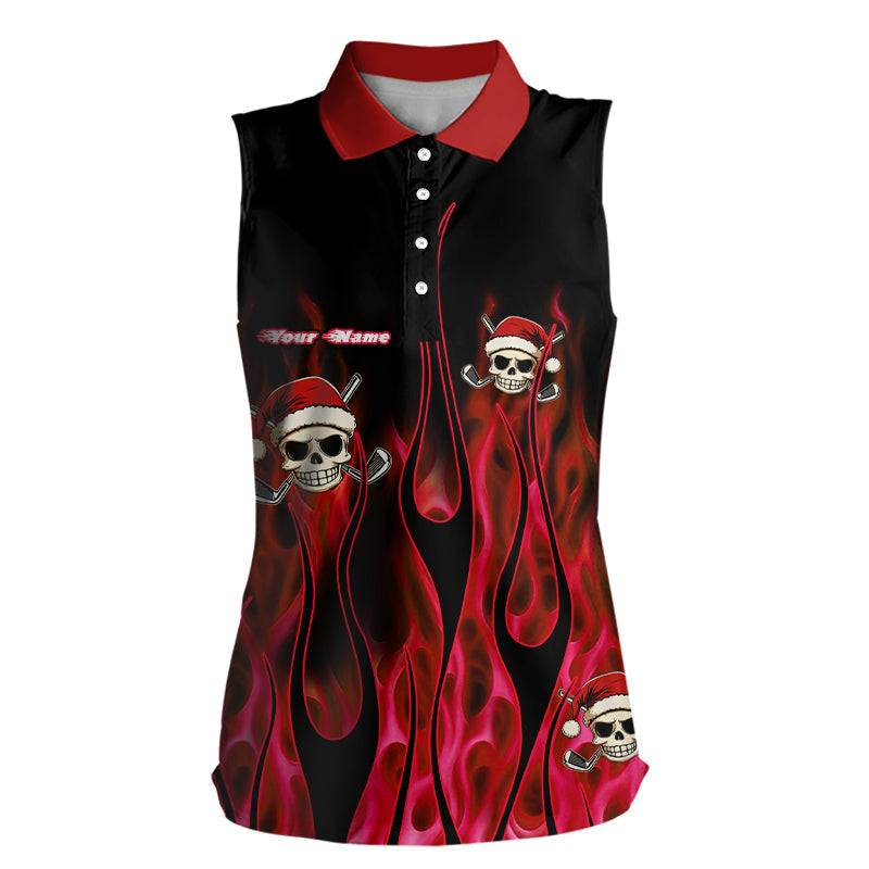 Schwarze und Rote Flammen Damen Ärmelloses Poloshirt - Individuelles Rotfeuer Santa Skull Weihnachts-Golfbekleidung N9041