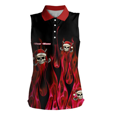 Schwarze und Rote Flammen Damen Ärmelloses Poloshirt - Individuelles Rotfeuer Santa Skull Weihnachts-Golfbekleidung N9041