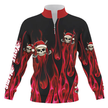 Schwarzer und roter Flammen Viertelreißverschluss Golf Sweatshirt – Individuelles rotes Feuer Santa Skull Weihnachts Golfpullover N9041