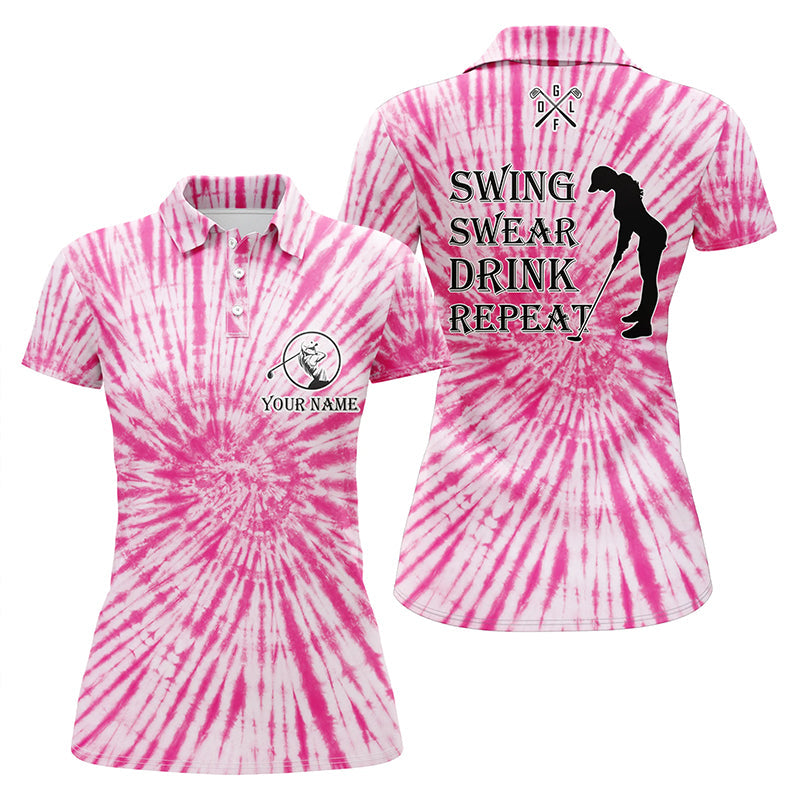 Damen Golf Polo in Pink Tie-Dye - Schwingen, Schwören, Trinken und Wiederholen mit Ihrem Namen N5576