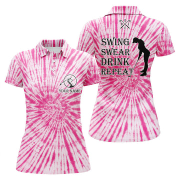 Damen Golf Polo in Pink Tie-Dye - Schwingen, Schwören, Trinken und Wiederholen mit Ihrem Namen N5576