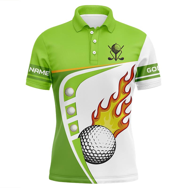 Herren Golf Polo-Shirt in Weiß und Grün mit Golfball-Feuerdesign – Hochwertige Golfbekleidung für Männer, Grünes Golfoberteil N7378