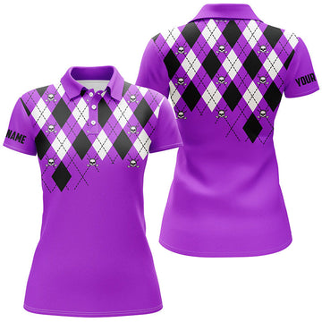 Stylisches Damen Golf Polo mit lila Karomuster und Totenkopf - Individuelles Golfoberteil für Frauen N7213