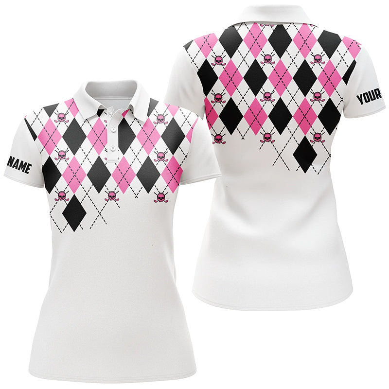 Damen Golf Polo Shirt in Pink und Schwarz mit Totenkopf-Muster – Individuelles argyle Karo-Design N7214