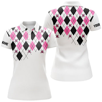 Damen Golf Polo Shirt in Pink und Schwarz mit Totenkopf-Muster – Individuelles argyle Karo-Design N7214
