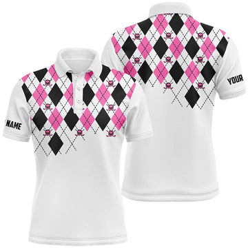 Herren Golf Polo-Shirt in Pink und Schwarz mit Totenkopf-Muster - Individuelles, stylisches Argyle-Design N7214
