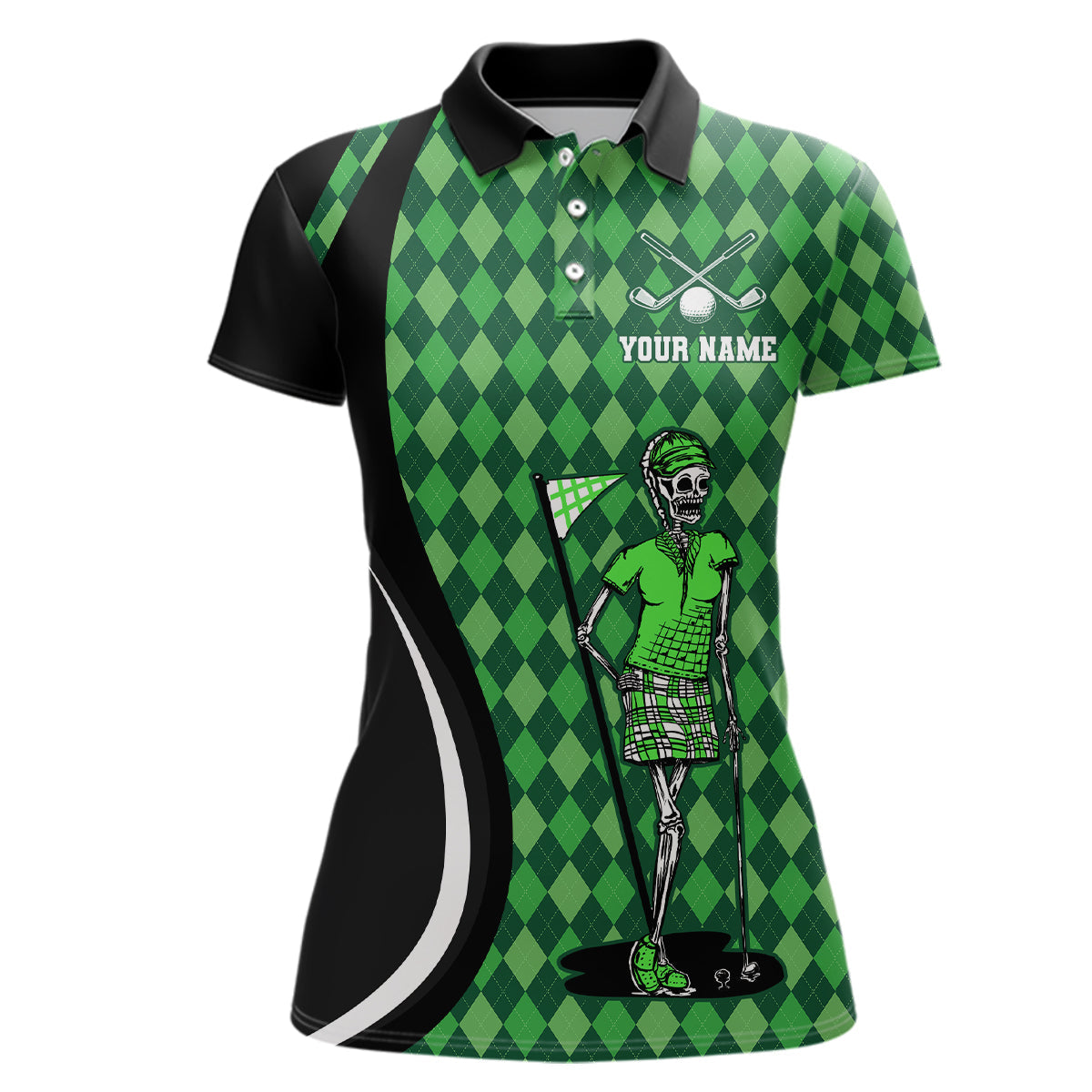 Individuelles Damen-Golf-Polo mit schwarzem und grünem Argyle-Muster und Golfschädel-Design - Perfekte Golfbekleidung und Geschenke für Golferinnen N7010