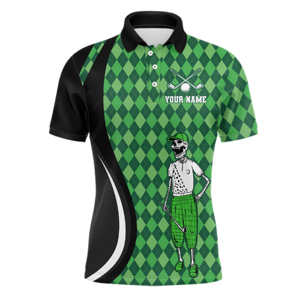Herren Golf Polo-Shirt mit individuellem schwarz-grünem Argyle-Muster und Golf-Skull-Design - Perfekte Golf-Geschenke N7010