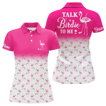 Frauen Golf Poloshirt mit Flamingo-Design in Pink und Weiß - "Spreche Birdie mit mir" - Lustiges Golfshirt N6118
