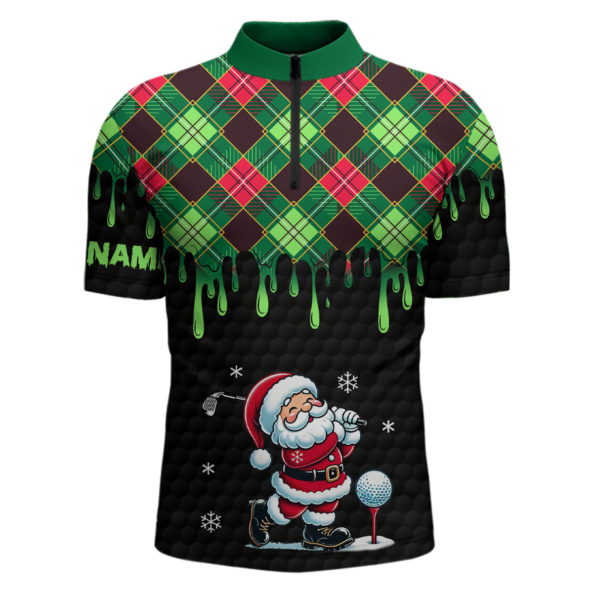 Grüner Weihnachtsargyle-Muster Santa Golfer Herren Quarter-Zip Pullover – Individuelle schwarze Golfbekleidung für Männer N8948